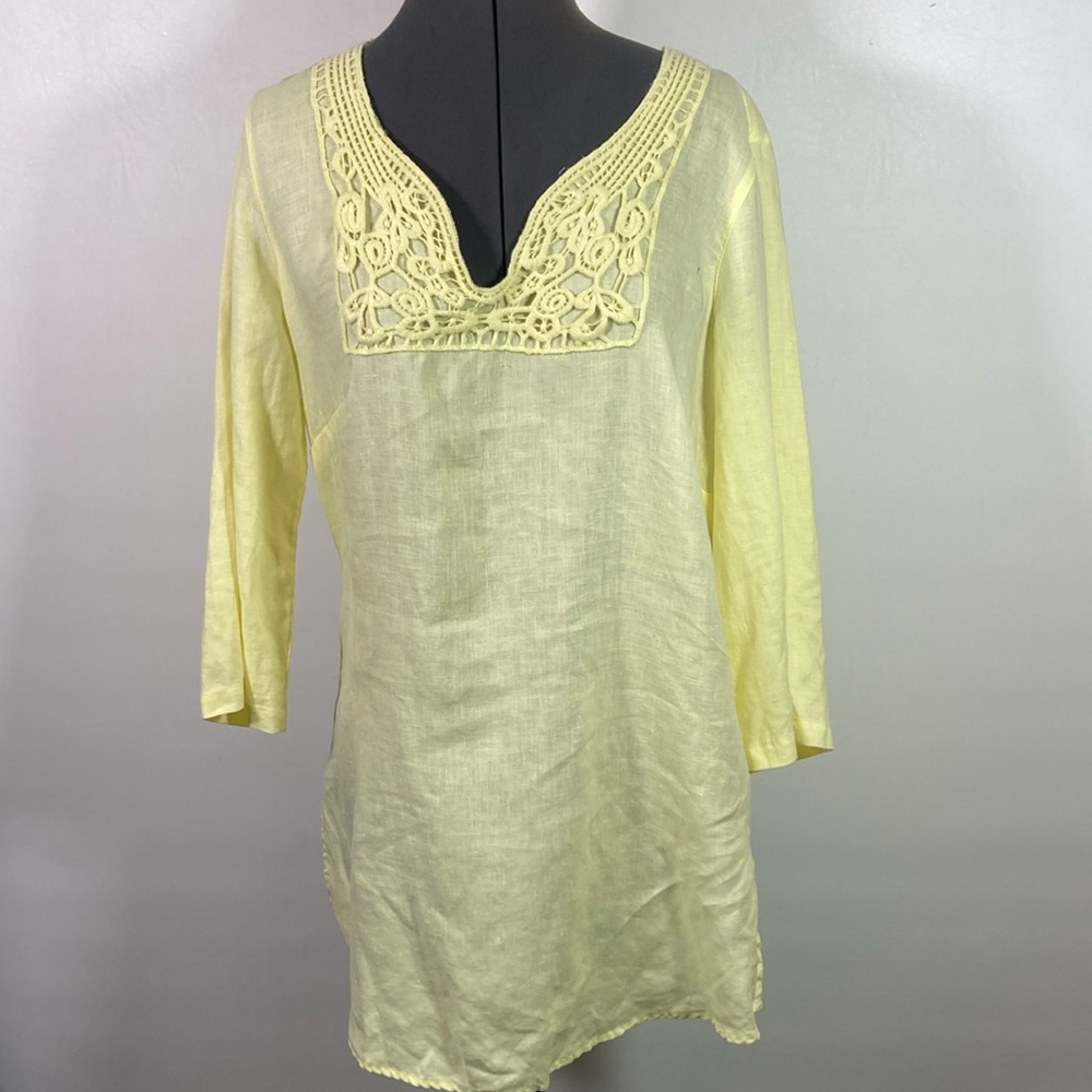 Malvin Tunic Top Women Size XL 100% linen Trim 100% Cotton Yellow 3/4 Sleeve